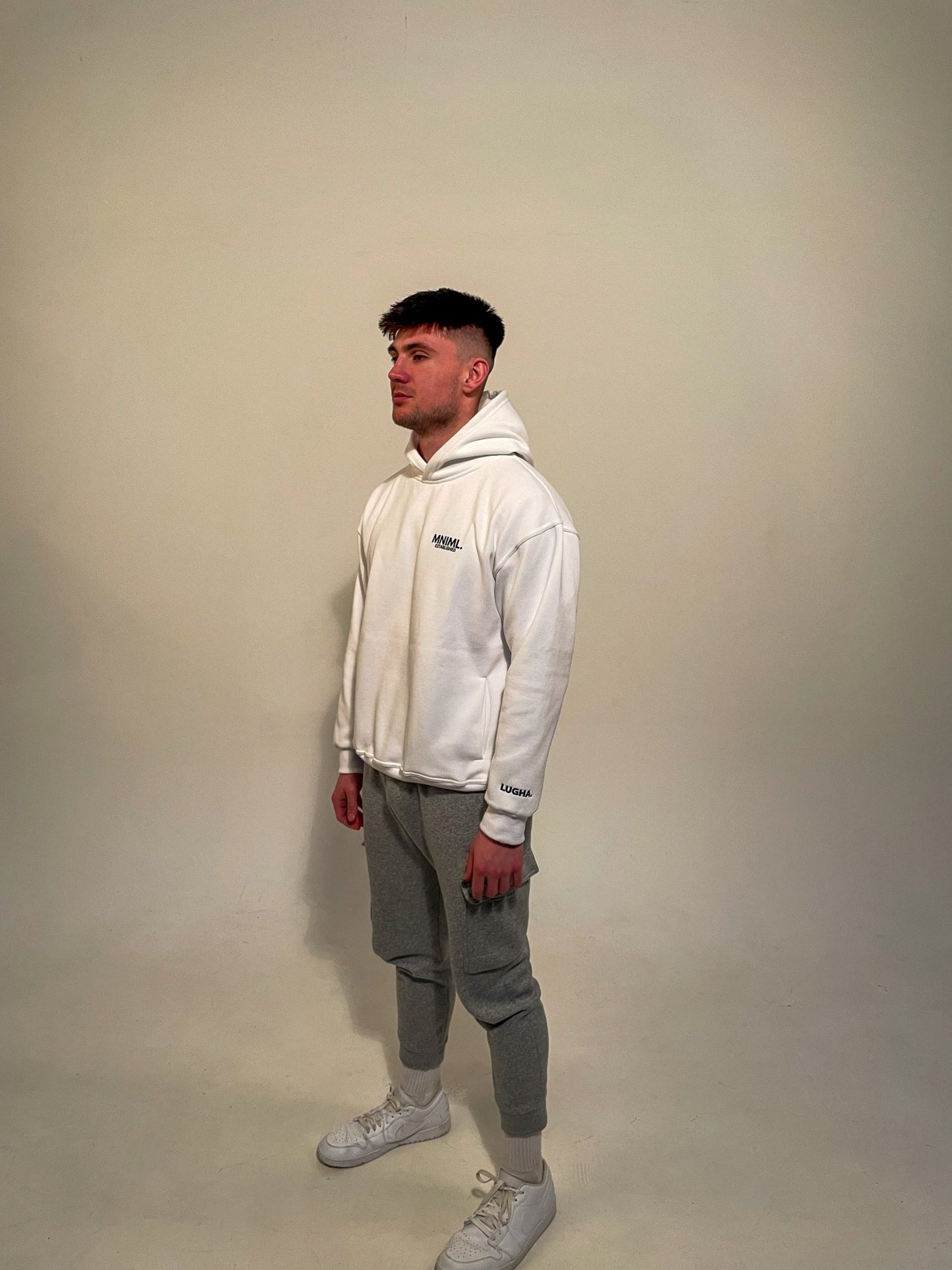 Oversized 'MNIML' Hoodie - White - LUGHA. Clothing - Hoodie